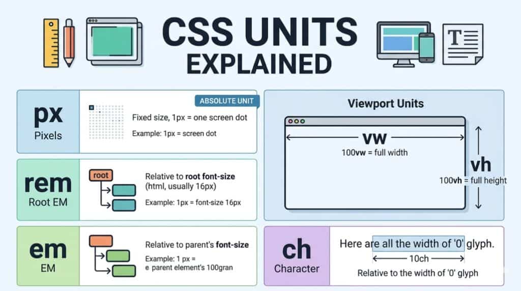 CSS Units Explained: px, rem, em, vw, vh & ch