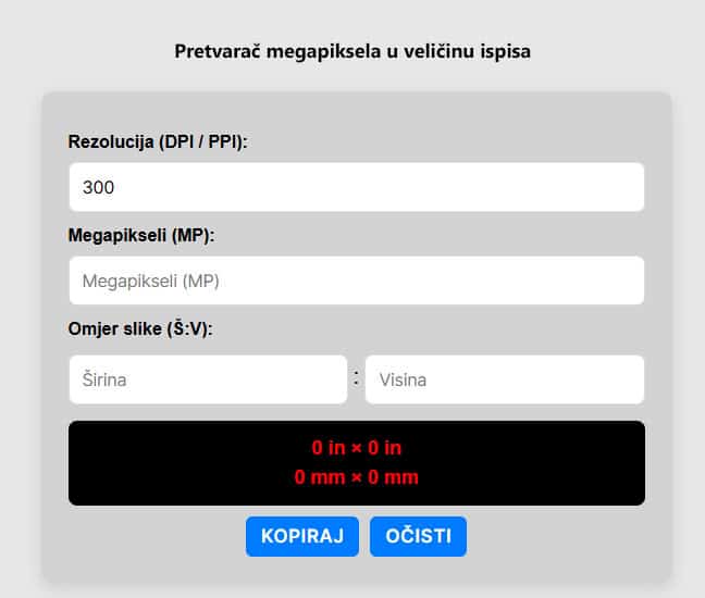 Pretvarač megapiksela u veličinu ispisa